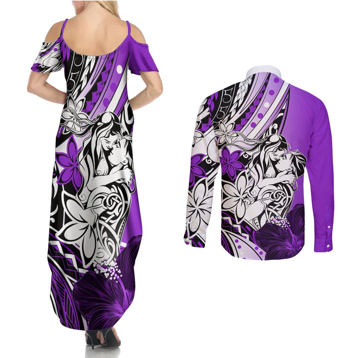 Polynesian Valentine Couples Matching Summer Maxi Dress and Long Sleeve Button Shirt Couple Floral Unique Purple Version LT01 - Polynesian Pride