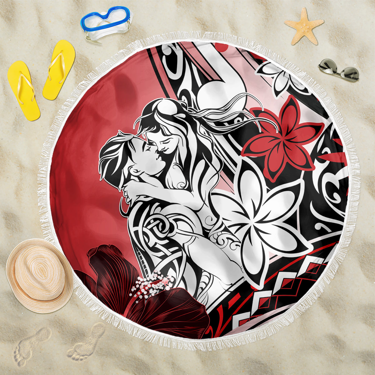 Polynesian Valentine Beach Blanket Couple Floral Unique Red Version LT01 One Size 150cm Red - Polynesian Pride