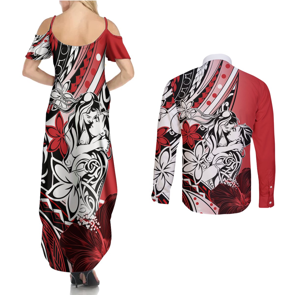 Polynesian Valentine Couples Matching Summer Maxi Dress and Long Sleeve Button Shirt Couple Floral Unique Red Version LT01 - Polynesian Pride