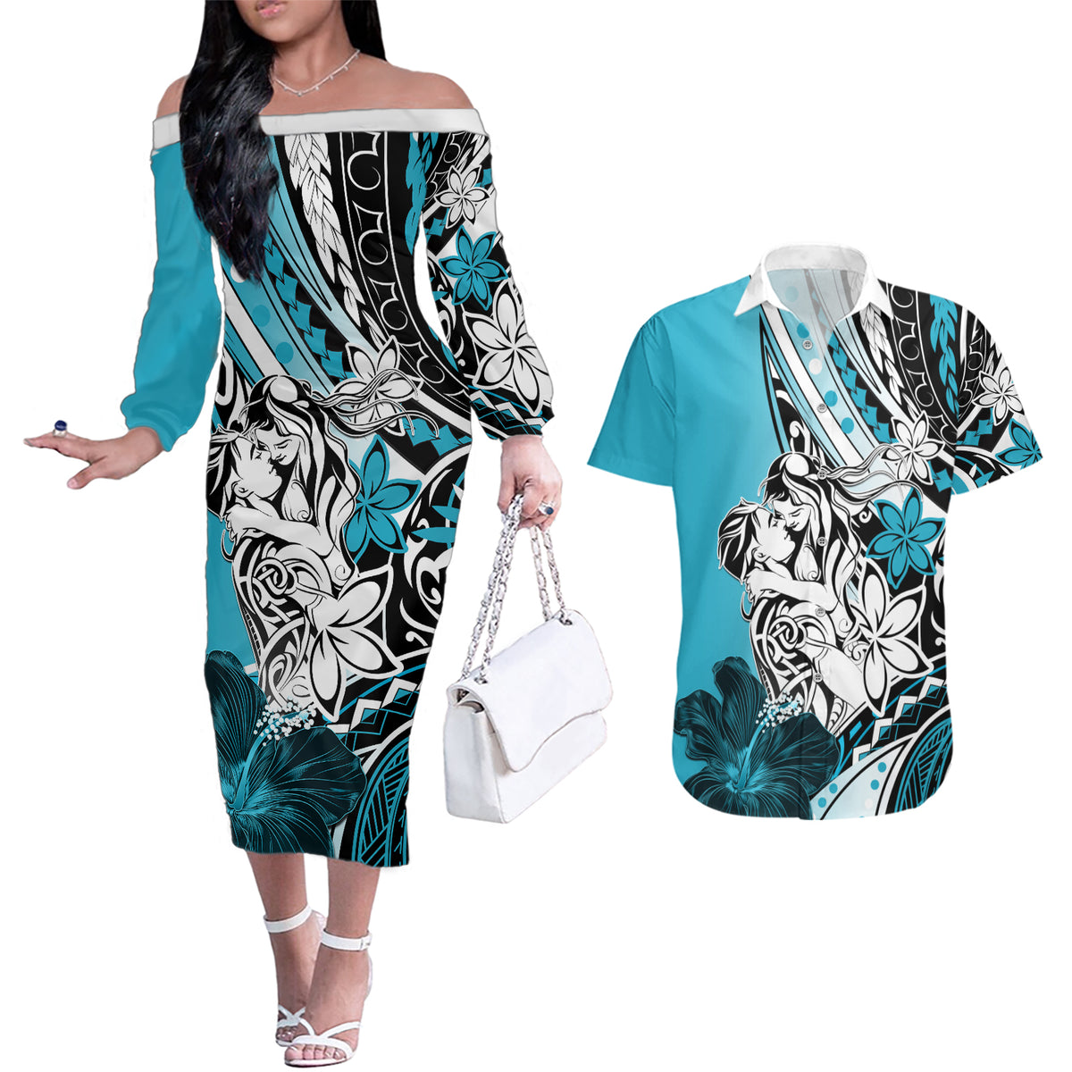 Polynesian Valentine Couples Matching Off The Shoulder Long Sleeve Dress and Hawaiian Shirt Couple Floral Unique Sky Blue Version LT01 Sky - Polynesian Pride