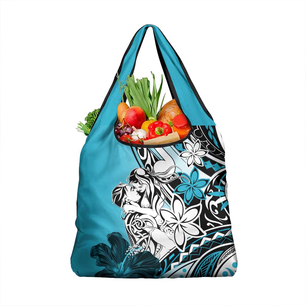 Polynesian Valentine Grocery Bag Couple Floral Unique Sky Blue Version