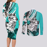 Polynesian Valentine Couples Matching Long Sleeve Bodycon Dress and Long Sleeve Button Shirt Couple Floral Unique Turquoise Version LT01 - Polynesian Pride