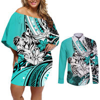 Polynesian Valentine Couples Matching Off Shoulder Short Dress and Long Sleeve Button Shirt Couple Floral Unique Turquoise Version LT01 Turquoise - Polynesian Pride