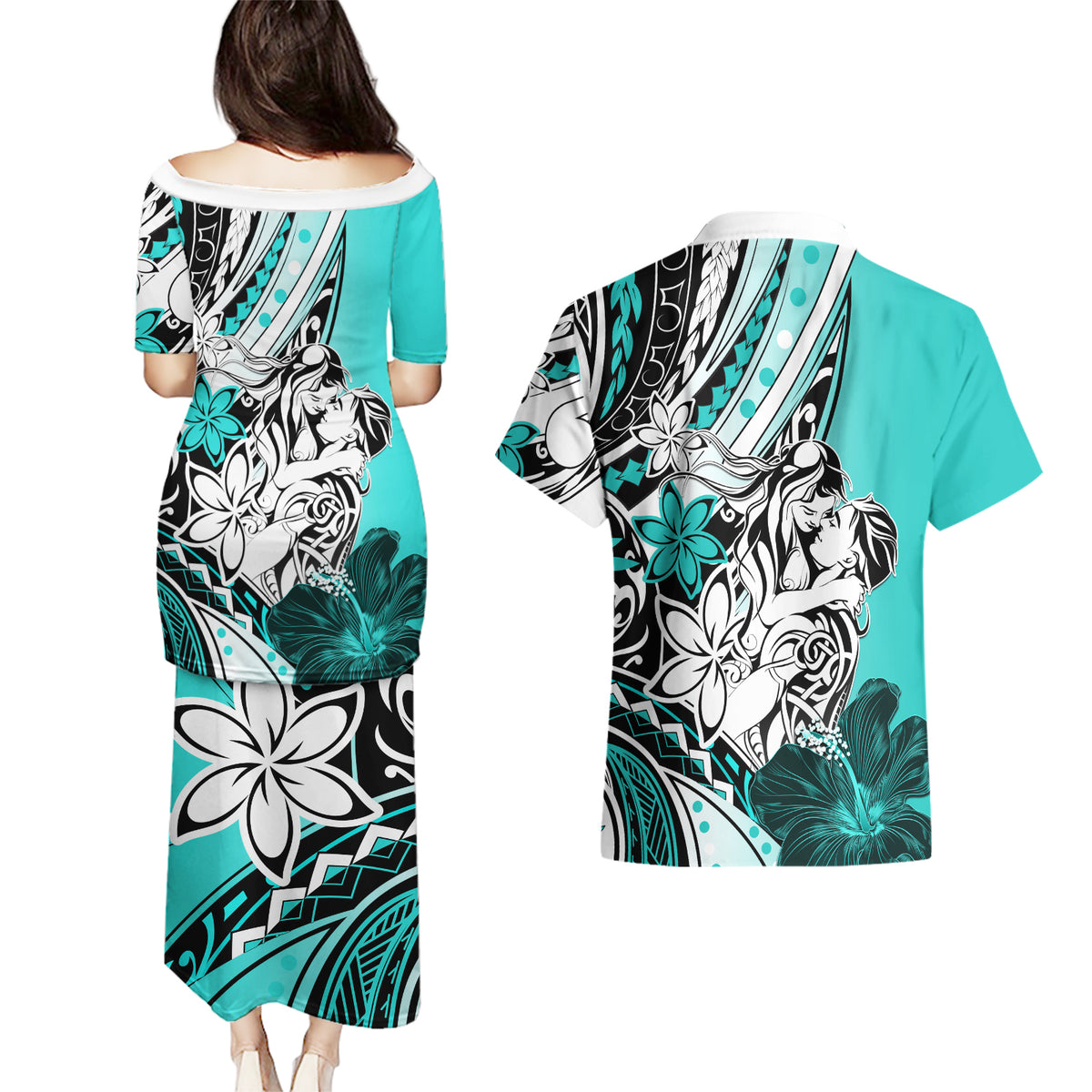 Polynesian Valentine Couples Matching Puletasi and Hawaiian Shirt Couple Floral Unique Turquoise Version LT01 - Polynesian Pride