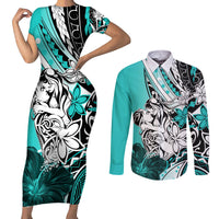 Polynesian Valentine Couples Matching Short Sleeve Bodycon Dress and Long Sleeve Button Shirt Couple Floral Unique Turquoise Version LT01 Turquoise - Polynesian Pride
