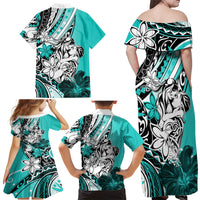 Polynesian Valentine Family Matching Off Shoulder Maxi Dress and Hawaiian Shirt Couple Floral Unique Turquoise Version LT01 - Polynesian Pride