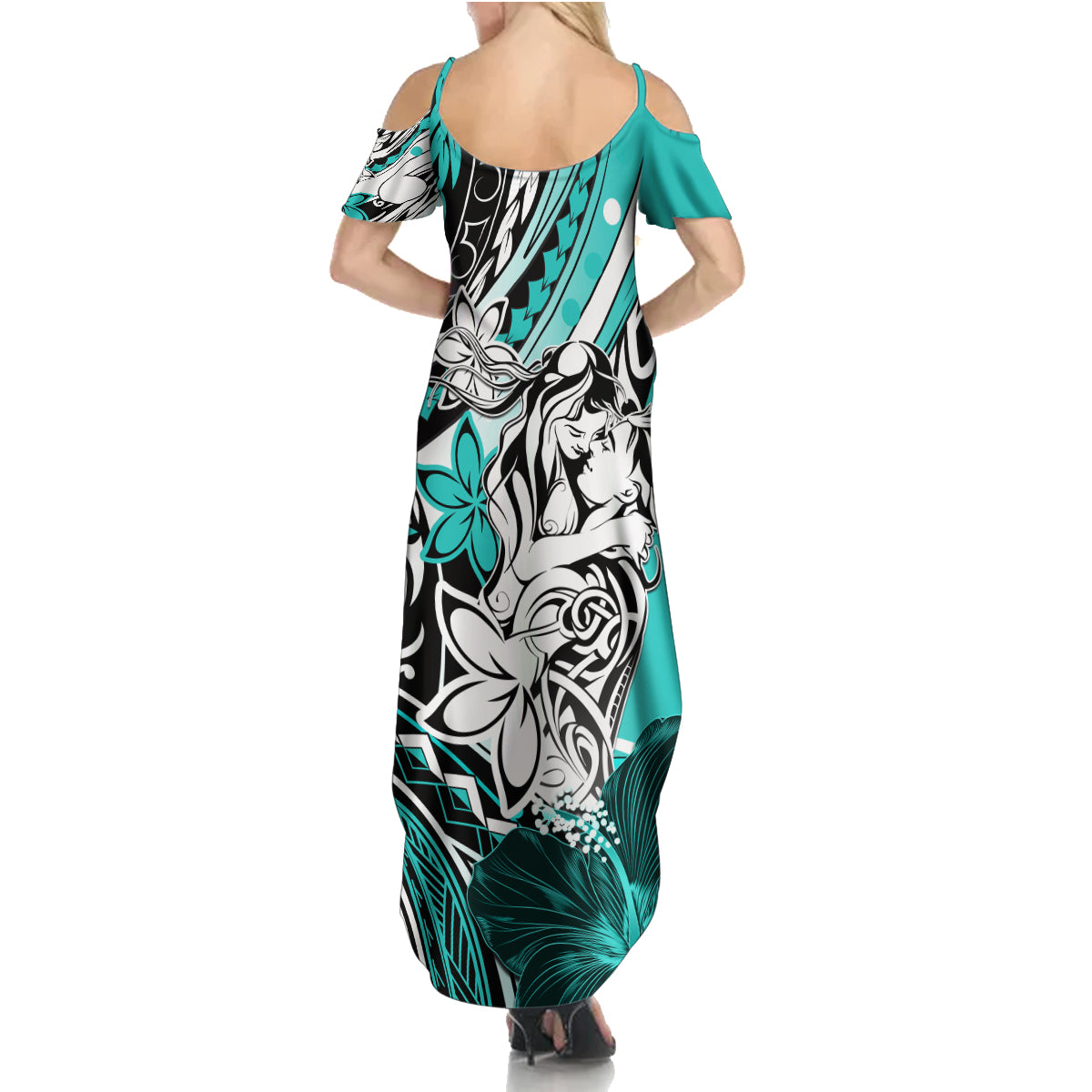 Polynesian Valentine Family Matching Summer Maxi Dress and Hawaiian Shirt Couple Floral Unique Turquoise Version LT01 - Polynesian Pride