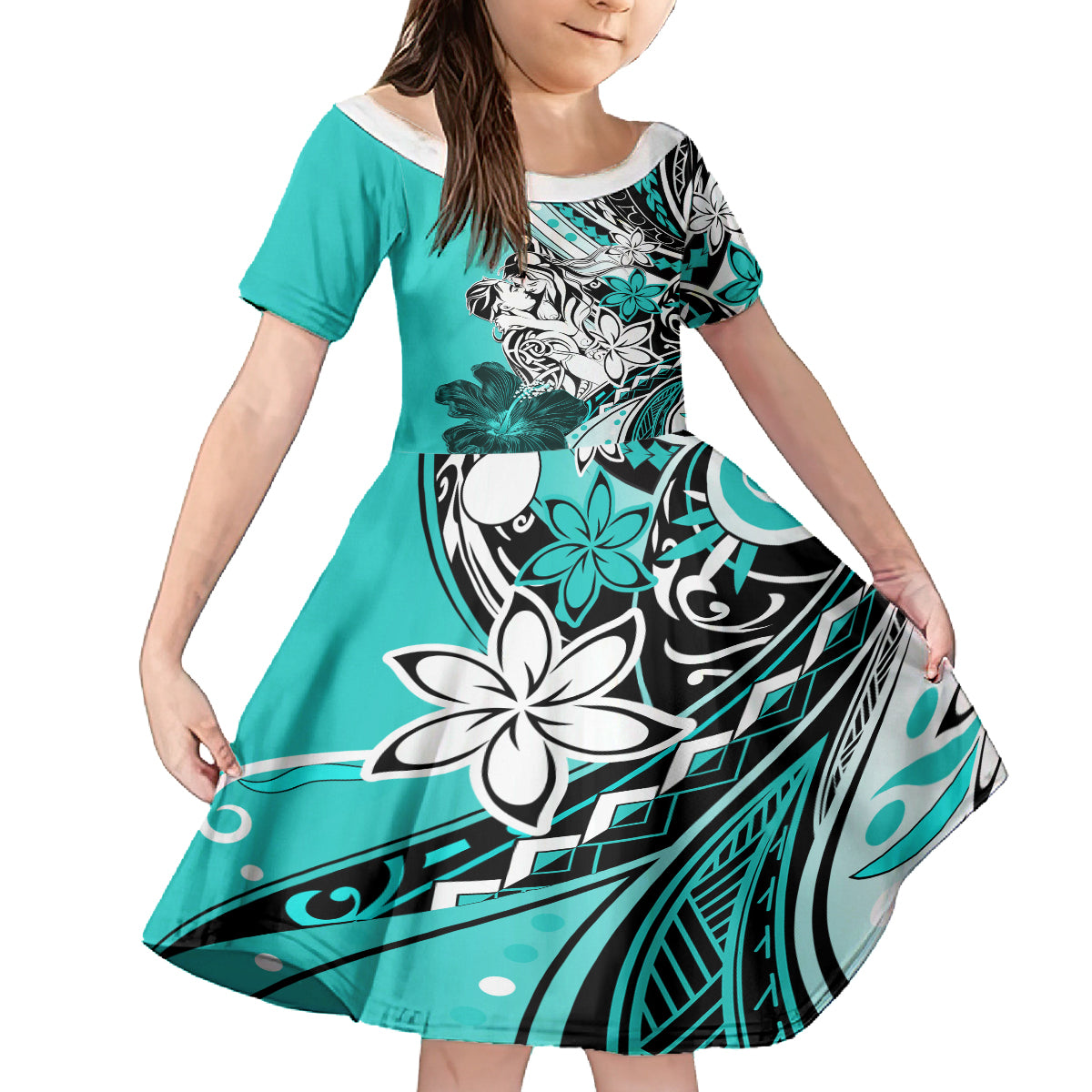 Polynesian Valentine Family Matching Tank Maxi Dress and Hawaiian Shirt Couple Floral Unique Turquoise Version LT01 Daughter's Dress Turquoise - Polynesian Pride