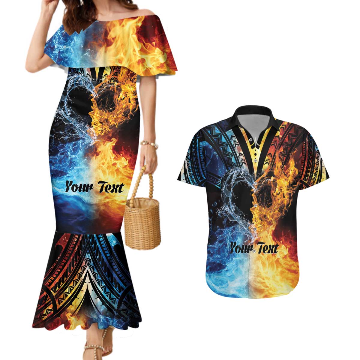 Personalised Polynesian Heart In Fire And Water Couples Matching Mermaid Dress and Hawaiian Shirt Romantic Elements LT01 Colorful - Polynesian Pride