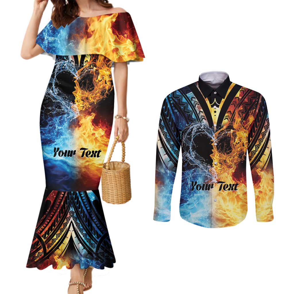 Personalised Polynesian Heart In Fire And Water Couples Matching Mermaid Dress and Long Sleeve Button Shirt Romantic Elements LT01 Colorful - Polynesian Pride
