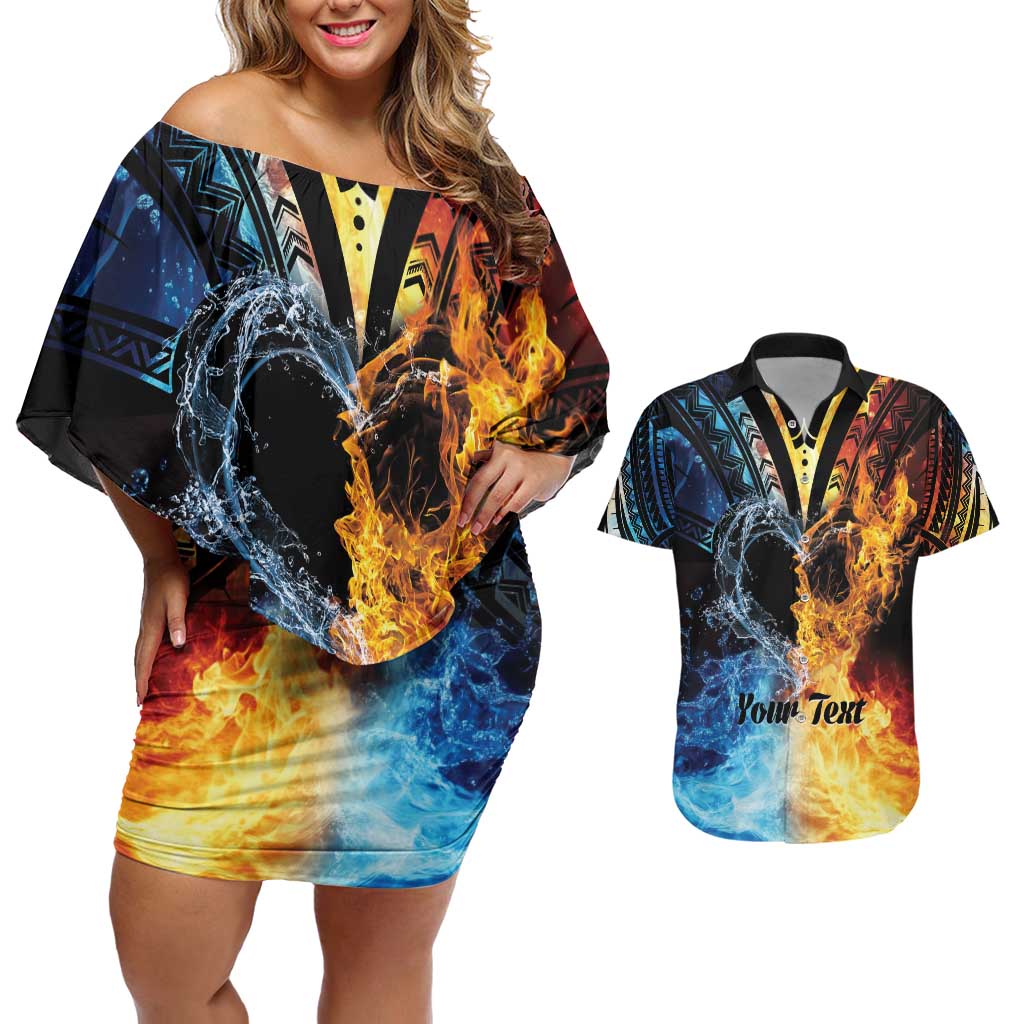 Personalised Polynesian Heart In Fire And Water Couples Matching Off Shoulder Short Dress and Hawaiian Shirt Romantic Elements LT01 Colorful - Polynesian Pride