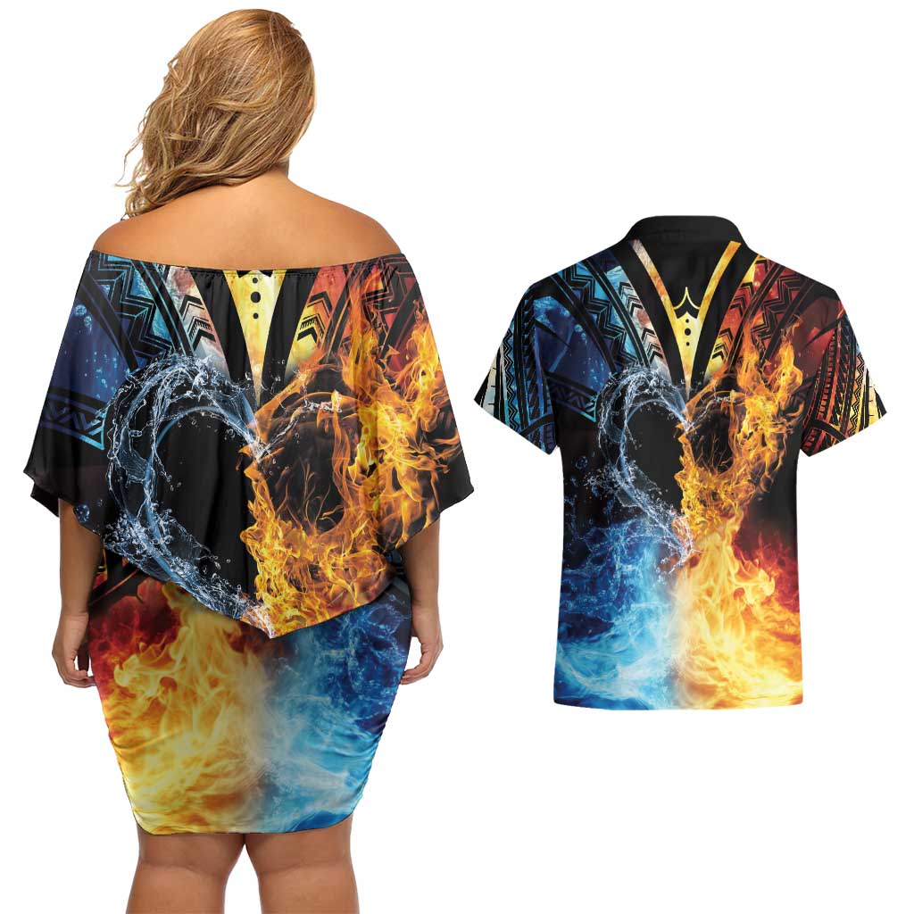 Personalised Polynesian Heart In Fire And Water Couples Matching Off Shoulder Short Dress and Hawaiian Shirt Romantic Elements LT01 - Polynesian Pride