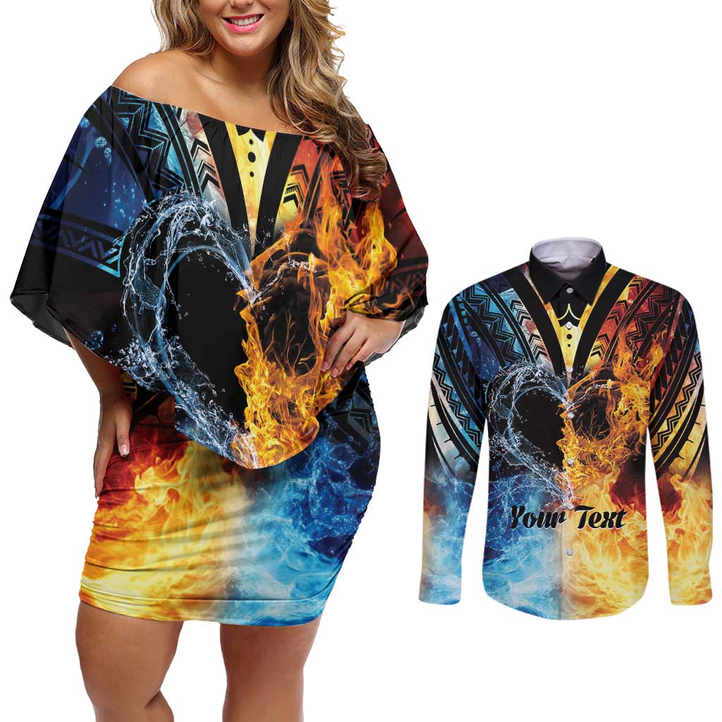 Personalised Polynesian Heart In Fire And Water Couples Matching Off Shoulder Short Dress and Long Sleeve Button Shirt Romantic Elements LT01 Colorful - Polynesian Pride