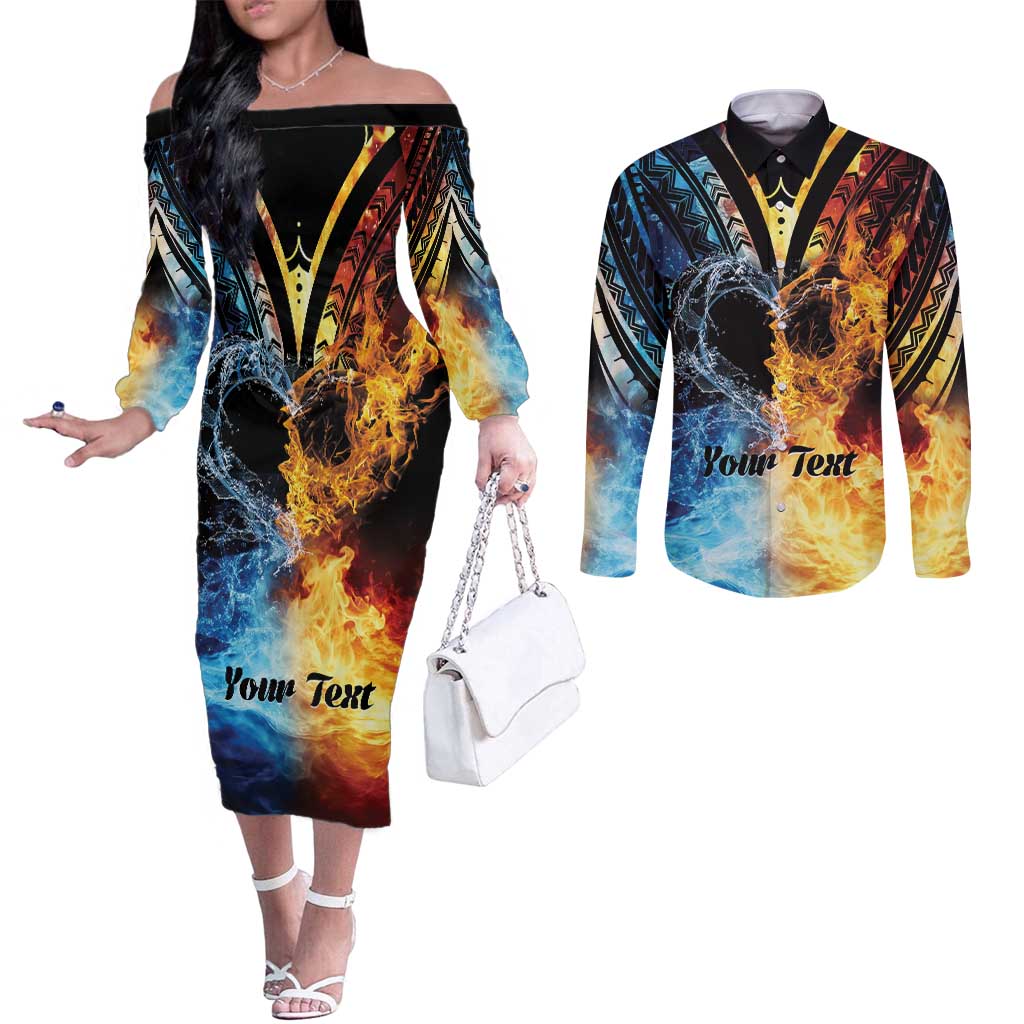 Personalised Polynesian Heart In Fire And Water Couples Matching Off The Shoulder Long Sleeve Dress and Long Sleeve Button Shirt Romantic Elements LT01 Colorful - Polynesian Pride