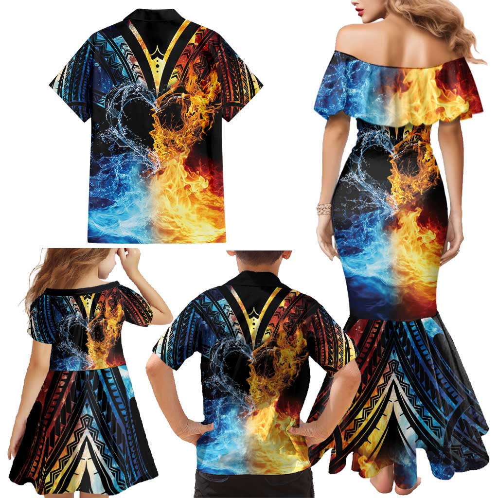 Personalised Polynesian Heart In Fire And Water Family Matching Mermaid Dress and Hawaiian Shirt Romantic Elements