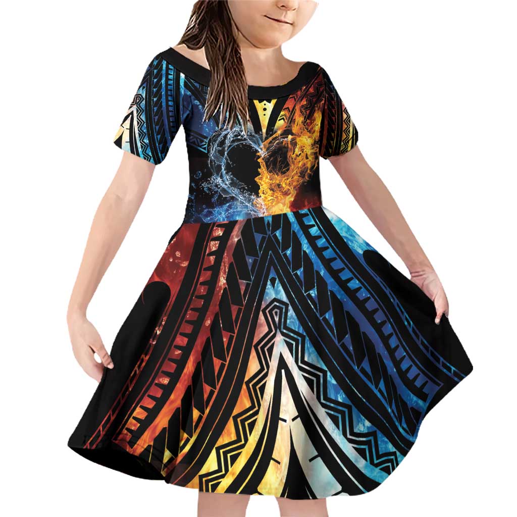 Personalised Polynesian Heart In Fire And Water Family Matching Off Shoulder Short Dress and Hawaiian Shirt Romantic Elements