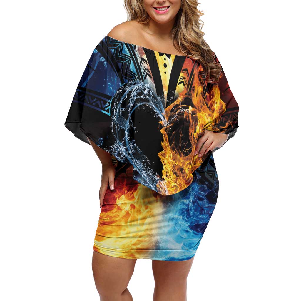 Personalised Polynesian Heart In Fire And Water Off Shoulder Short Dress Romantic Elements LT01 Women Colorful - Polynesian Pride