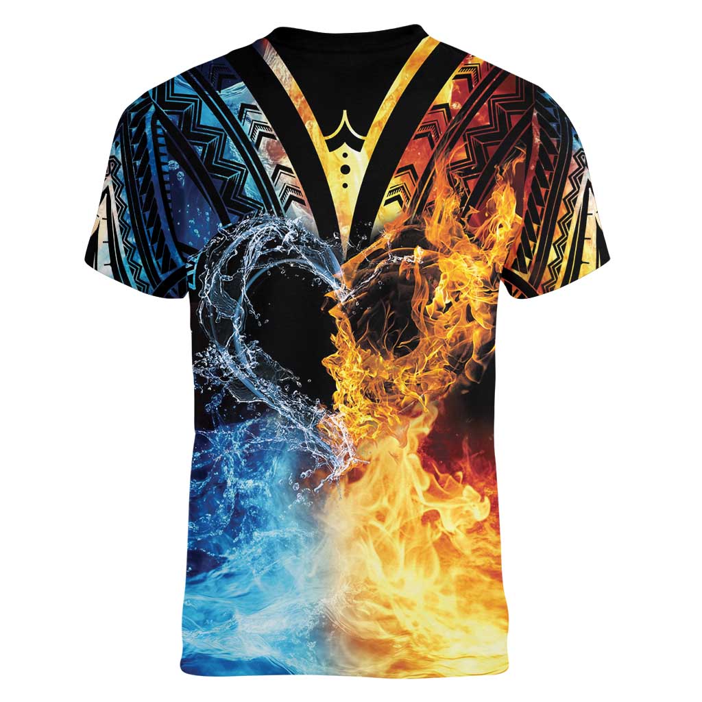 Personalised Polynesian Heart In Fire And Water Women V-Neck T-Shirt Romantic Elements