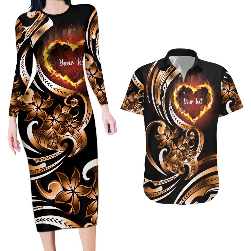 Personalised Polynesian Fiery Heart Couples Matching Long Sleeve Bodycon Dress and Hawaiian Shirt Passionate Love LT01 Black - Polynesian Pride