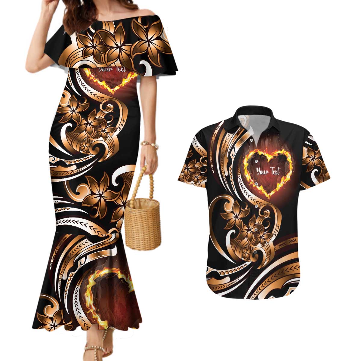 Personalised Polynesian Fiery Heart Couples Matching Mermaid Dress and Hawaiian Shirt Passionate Love LT01 Black - Polynesian Pride
