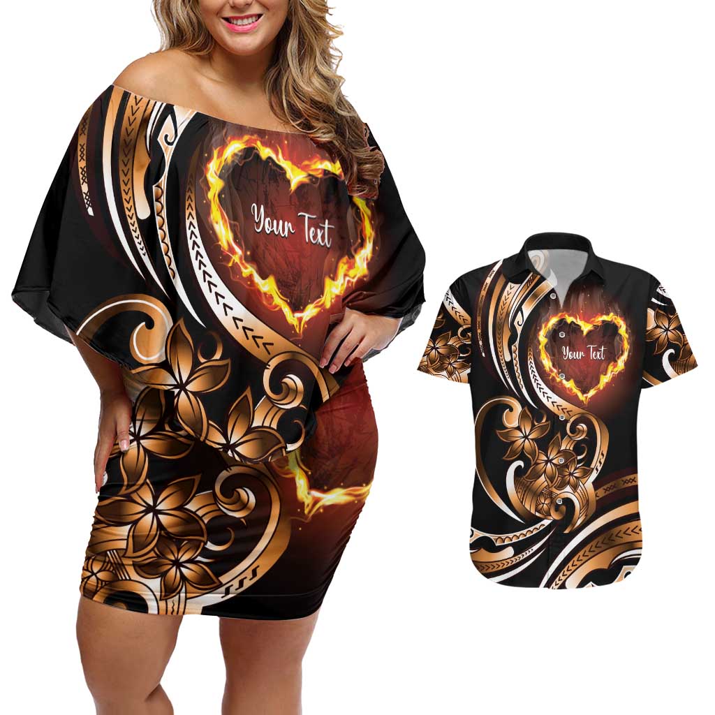 Personalised Polynesian Fiery Heart Couples Matching Off Shoulder Short Dress and Hawaiian Shirt Passionate Love LT01 Black - Polynesian Pride