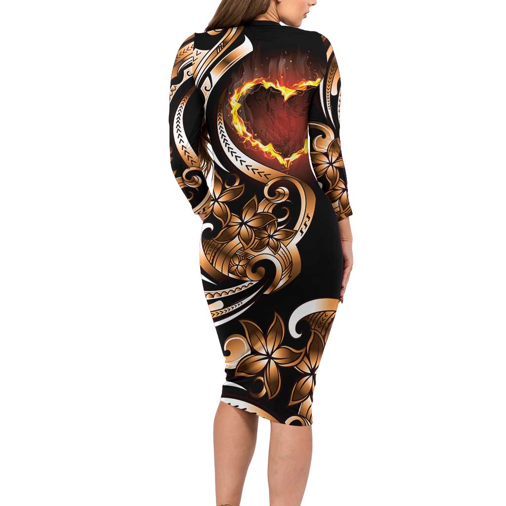Personalised Polynesian Fiery Heart Family Matching Long Sleeve Bodycon Dress and Hawaiian Shirt Passionate Love LT01 - Polynesian Pride