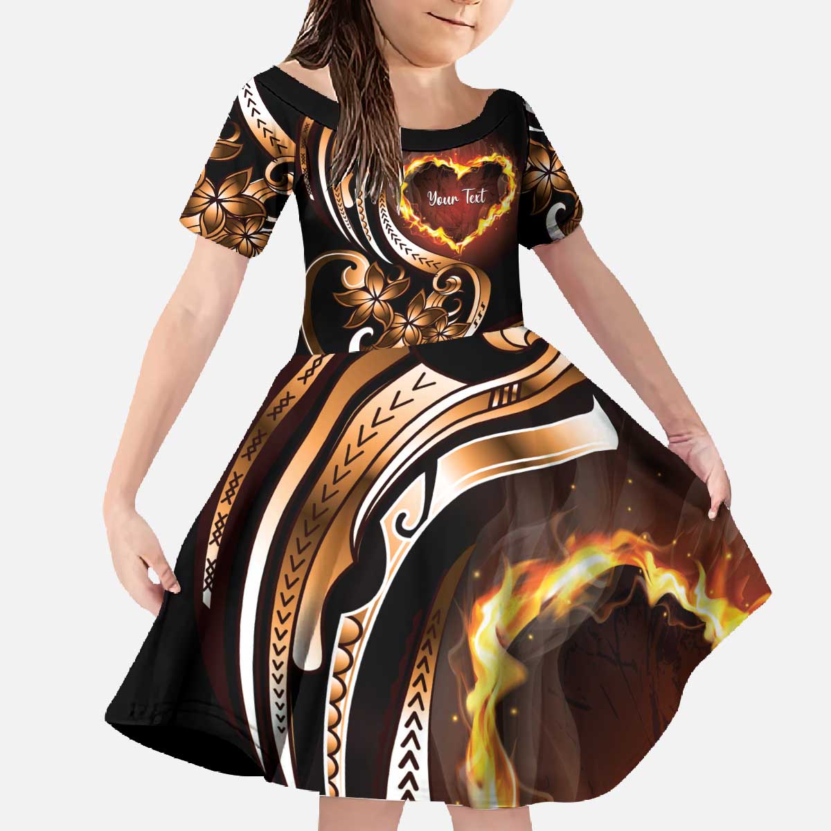 Personalised Polynesian Fiery Heart Family Matching Off The Shoulder Long Sleeve Dress and Hawaiian Shirt Passionate Love LT01 Daughter's Dress Black - Polynesian Pride