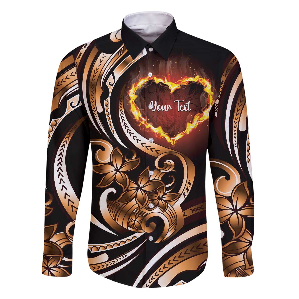 Personalised Polynesian Fiery Heart Family Matching Off The Shoulder Long Sleeve Dress and Hawaiian Shirt Passionate Love LT01 Dad's Shirt - Long Sleeve Black - Polynesian Pride