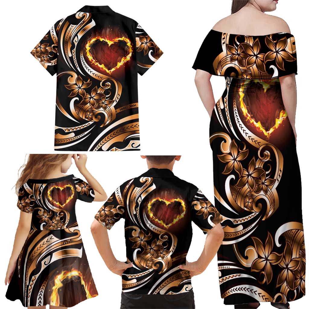 Personalised Polynesian Fiery Heart Family Matching Off Shoulder Maxi Dress and Hawaiian Shirt Passionate Love LT01 - Polynesian Pride