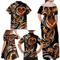 Personalised Polynesian Fiery Heart Family Matching Off Shoulder Maxi Dress and Hawaiian Shirt Passionate Love LT01 - Polynesian Pride