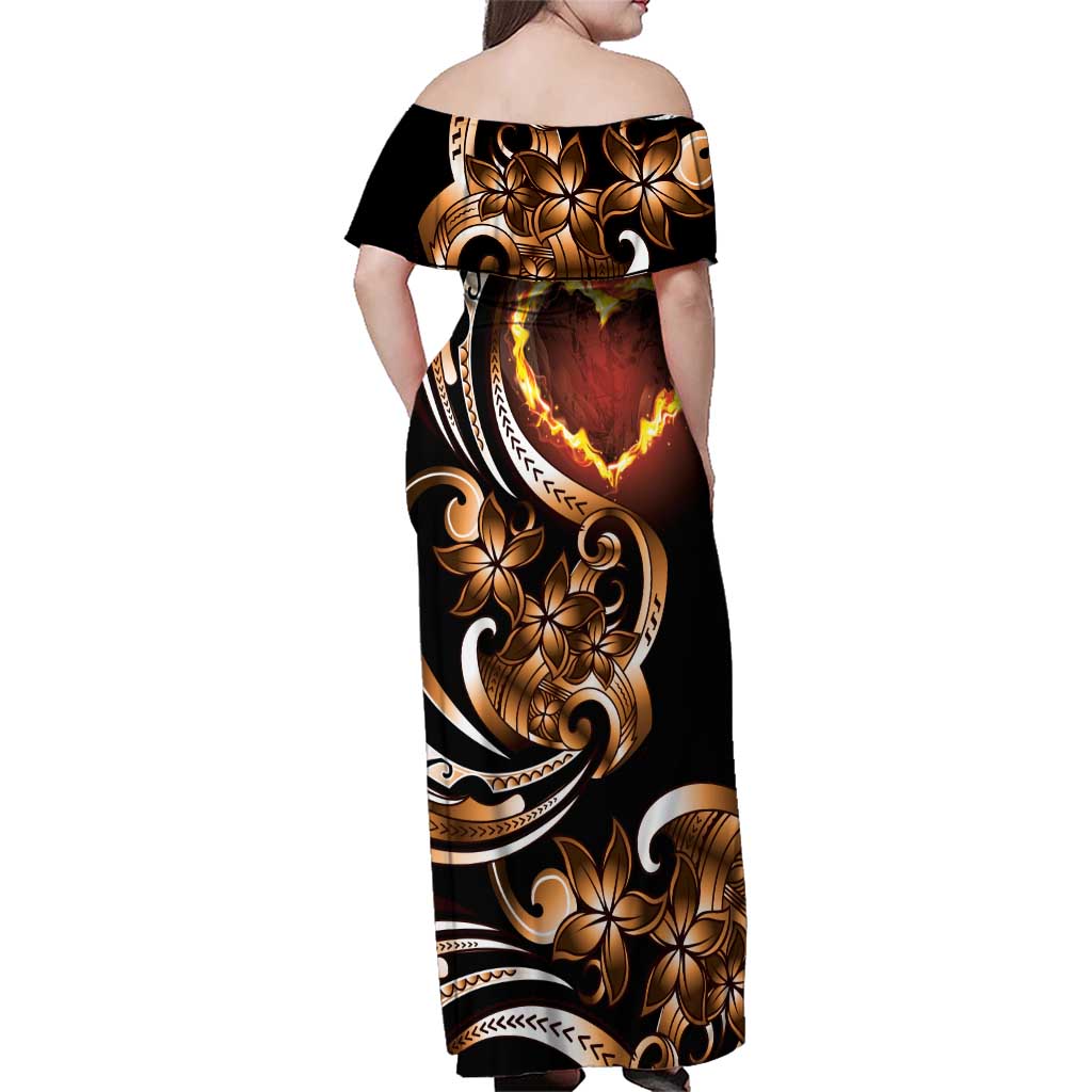 Personalised Polynesian Fiery Heart Family Matching Off Shoulder Maxi Dress and Hawaiian Shirt Passionate Love LT01 - Polynesian Pride