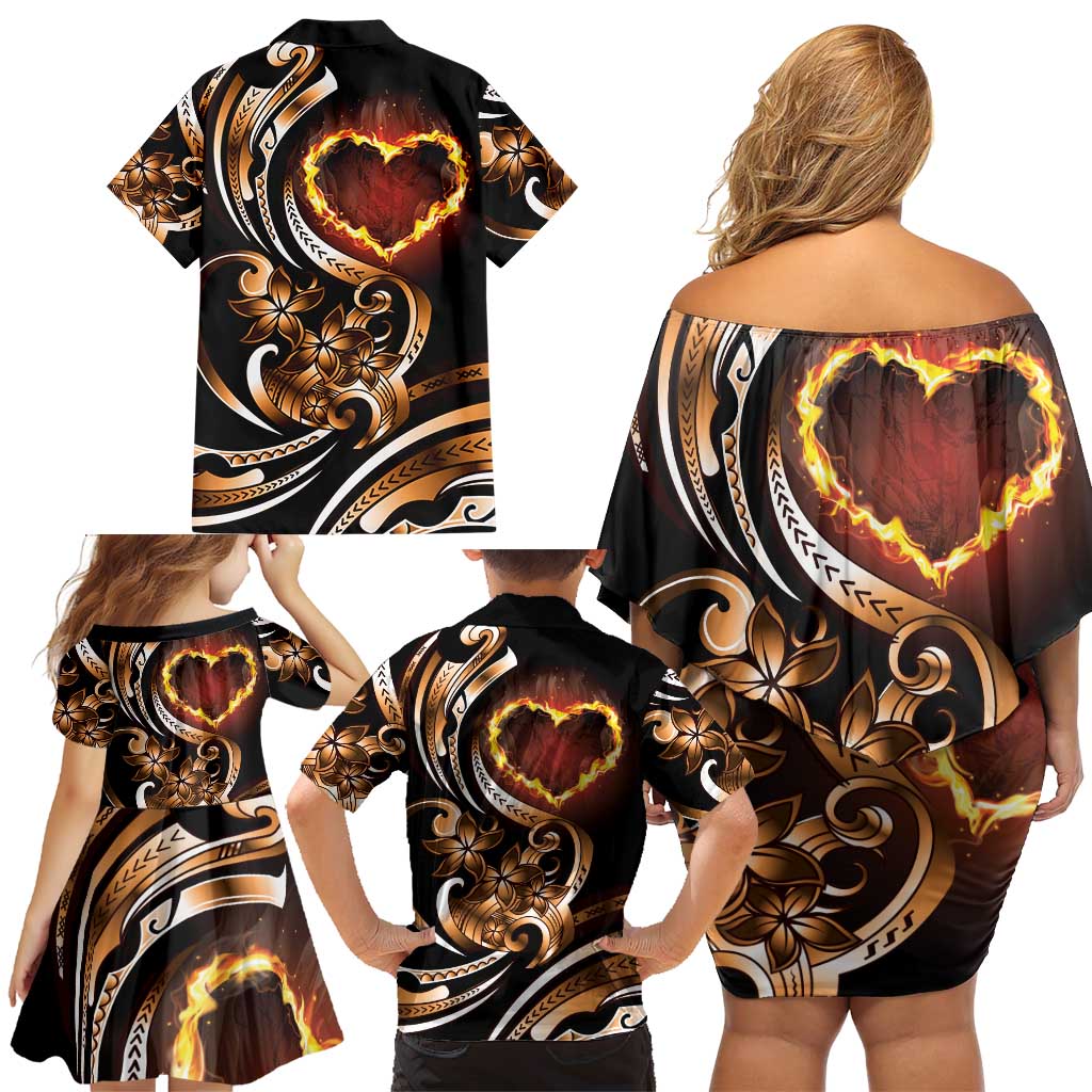 Personalised Polynesian Fiery Heart Family Matching Off Shoulder Short Dress and Hawaiian Shirt Passionate Love LT01 - Polynesian Pride