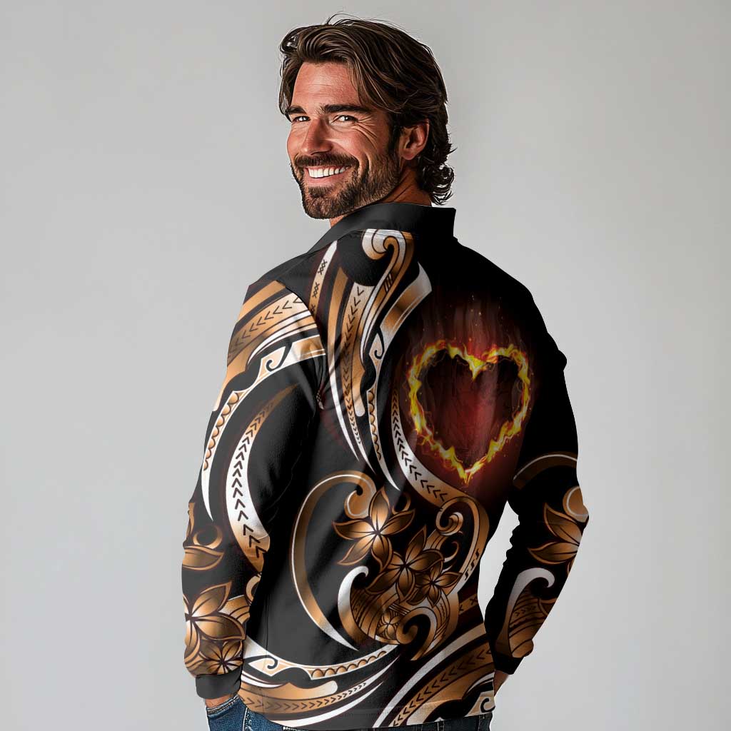 Personalised Polynesian Fiery Heart Long Sleeve Polo Shirt Passionate Love