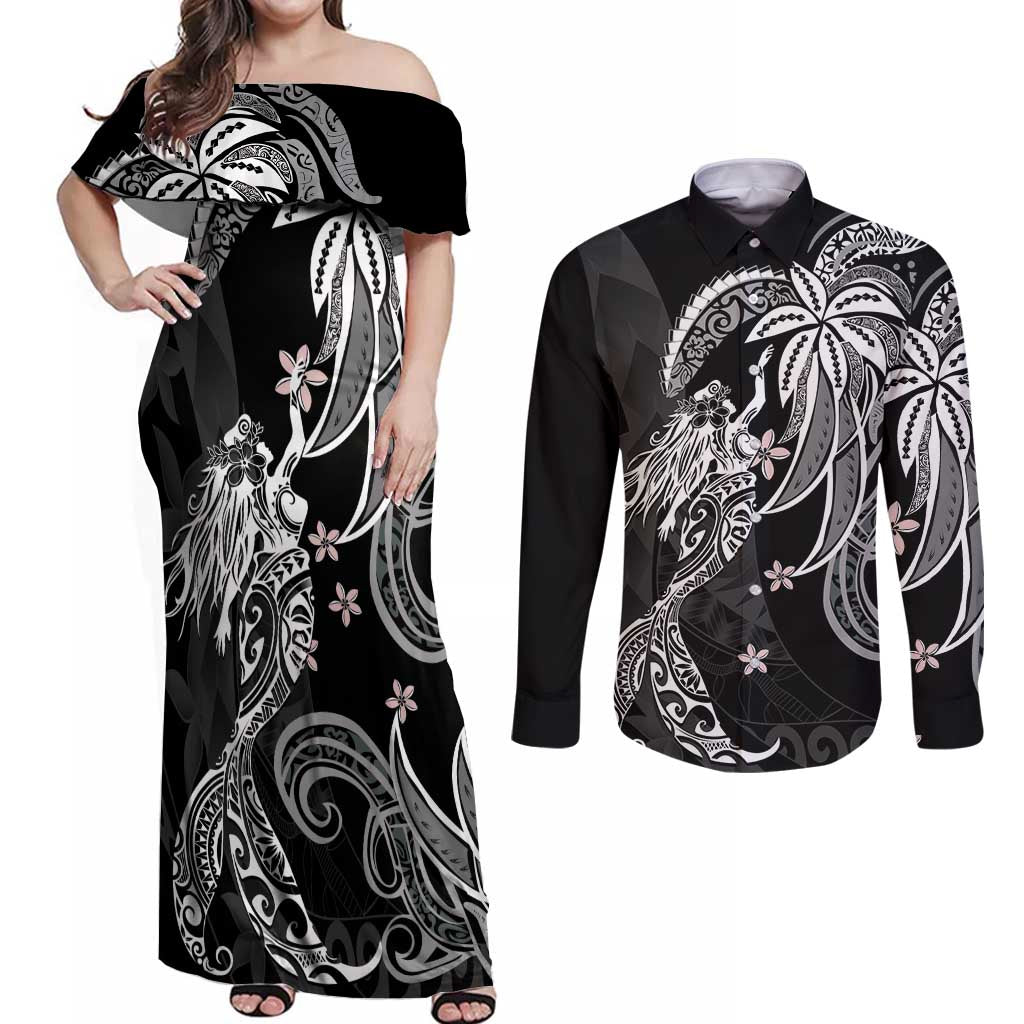 Polynesian Mermaid Plumeria Tribal Tattoo Couples Matching Off Shoulder Maxi Dress and Long Sleeve Button Shirt