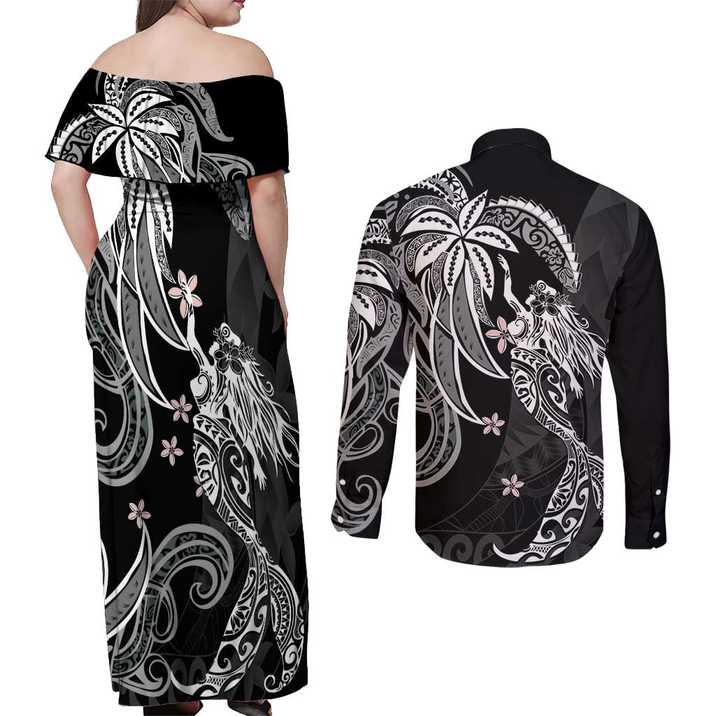Polynesian Mermaid Plumeria Tribal Tattoo Couples Matching Off Shoulder Maxi Dress and Long Sleeve Button Shirt