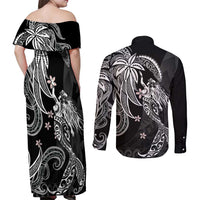 Polynesian Mermaid Plumeria Tribal Tattoo Couples Matching Off Shoulder Maxi Dress and Long Sleeve Button Shirt