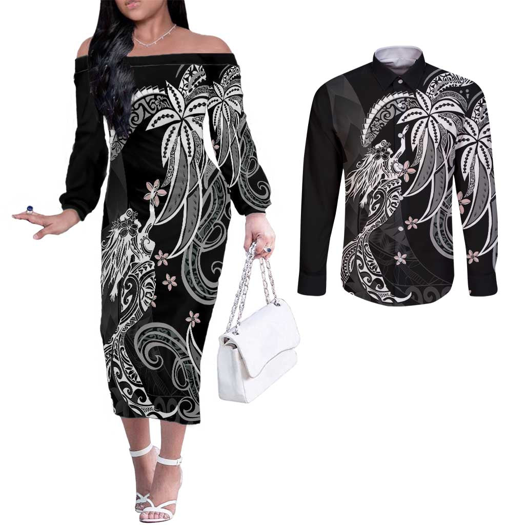 Polynesian Mermaid Plumeria Tribal Tattoo Couples Matching Off The Shoulder Long Sleeve Dress and Long Sleeve Button Shirt