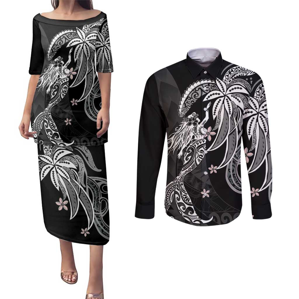 Polynesian Mermaid Plumeria Tribal Tattoo Couples Matching Puletasi and Long Sleeve Button Shirt