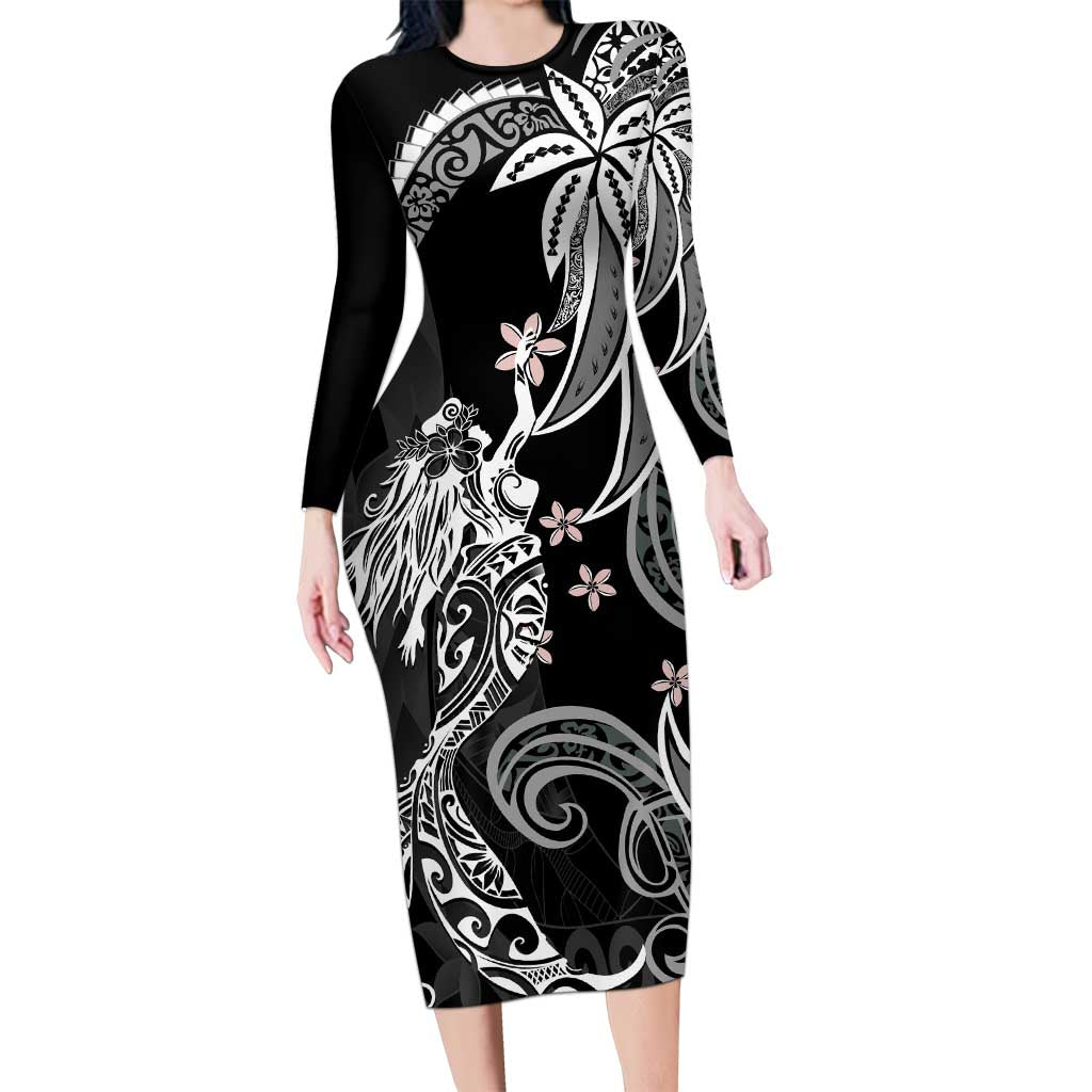Polynesian Mermaid Plumeria Tribal Tattoo Family Matching Long Sleeve Bodycon Dress and Hawaiian Shirt LT01 Mom's Dress Black - Polynesian Pride