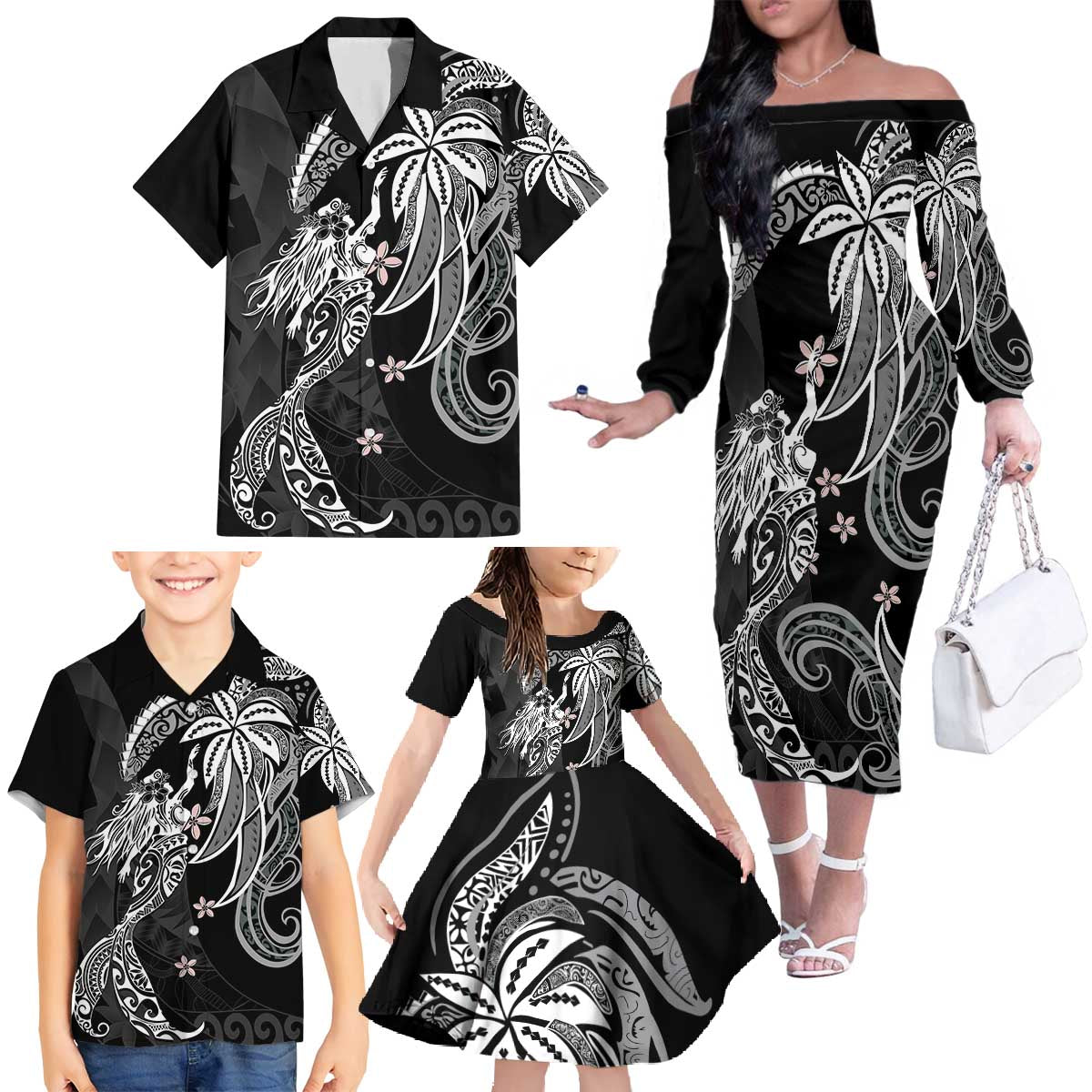 Polynesian Mermaid Plumeria Tribal Tattoo Family Matching Off The Shoulder Long Sleeve Dress and Hawaiian Shirt LT01 - Polynesian Pride