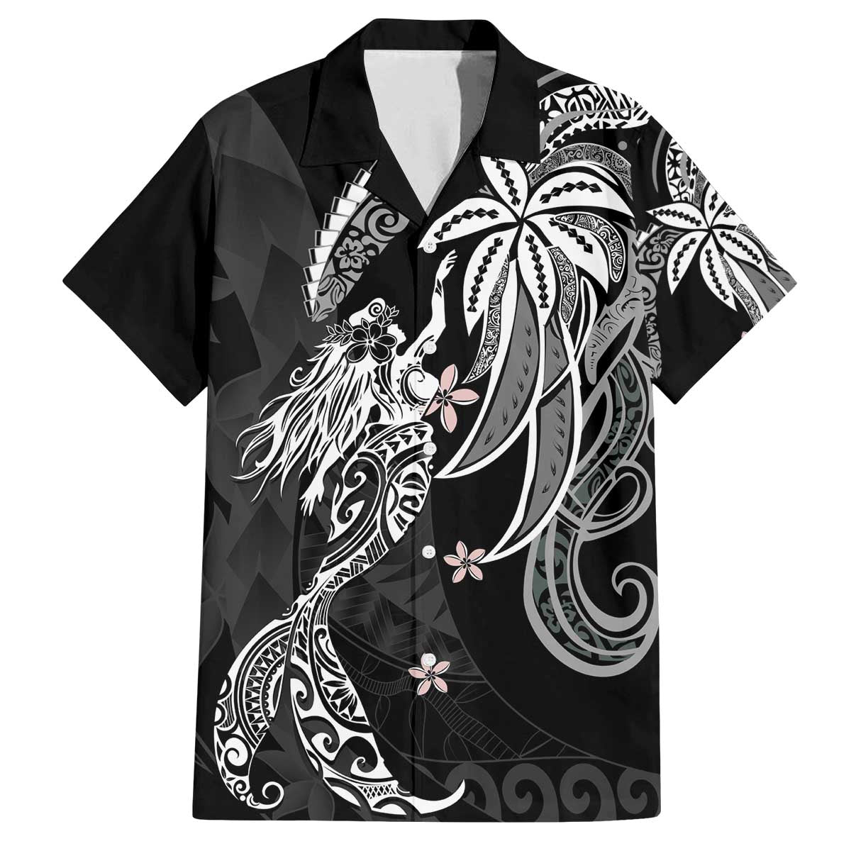 Polynesian Mermaid Plumeria Tribal Tattoo Family Matching Off The Shoulder Long Sleeve Dress and Hawaiian Shirt LT01 Dad's Shirt - Short Sleeve Black - Polynesian Pride