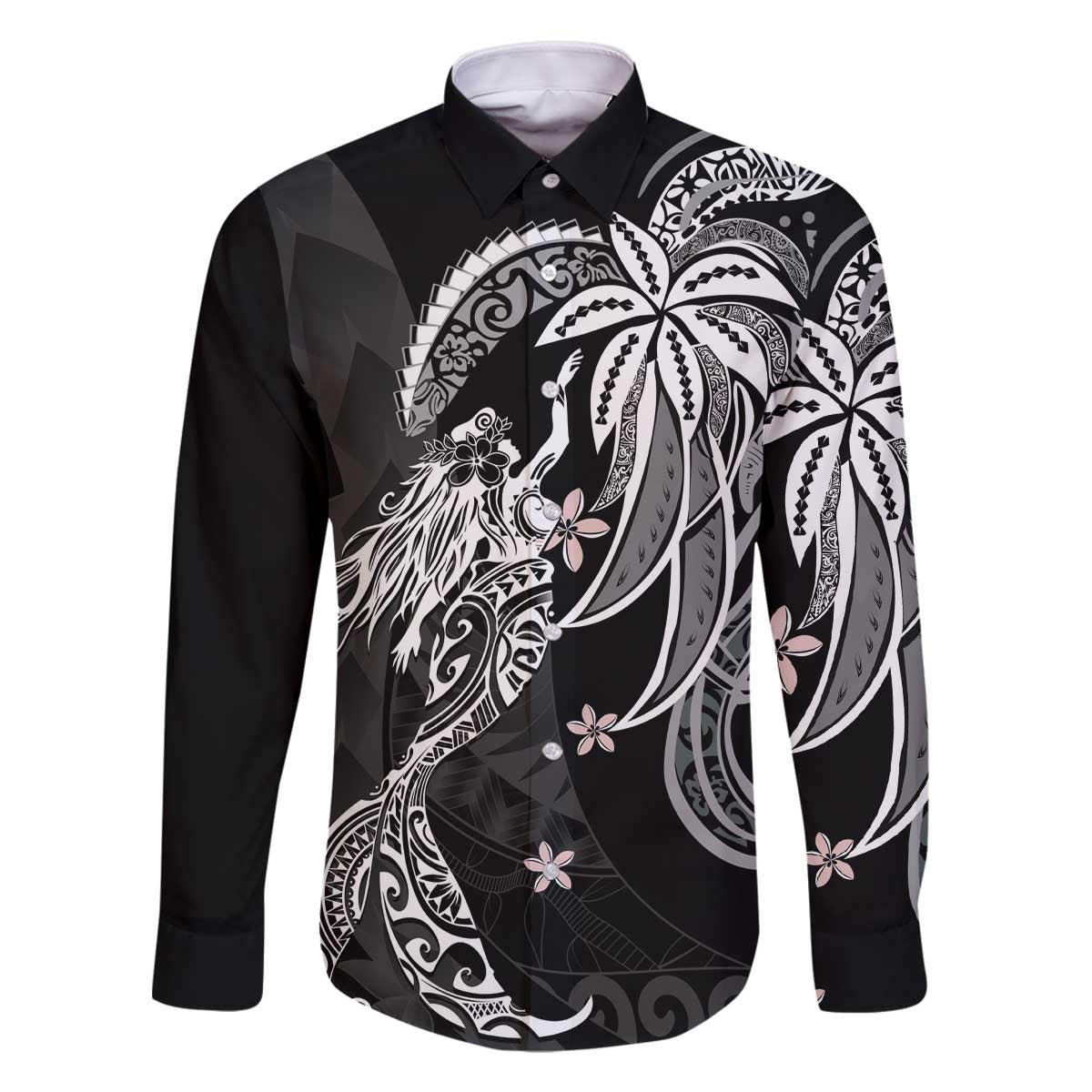 Polynesian Mermaid Plumeria Tribal Tattoo Family Matching Off The Shoulder Long Sleeve Dress and Hawaiian Shirt LT01 Dad's Shirt - Long Sleeve Black - Polynesian Pride