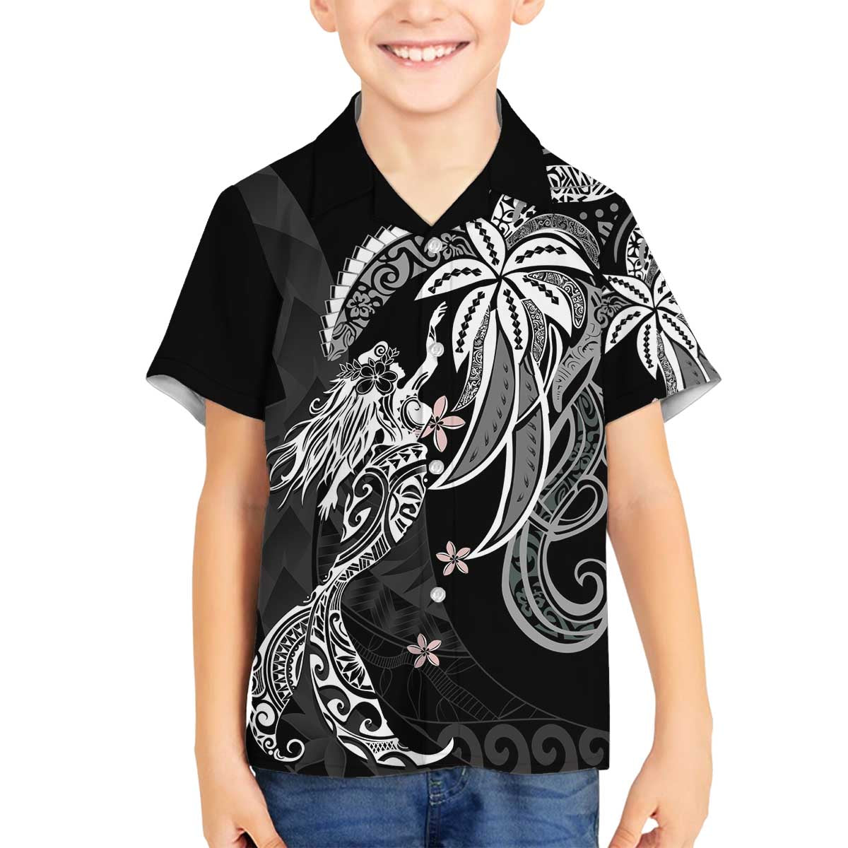 Polynesian Mermaid Plumeria Tribal Tattoo Family Matching Off The Shoulder Long Sleeve Dress and Hawaiian Shirt LT01 Son's Shirt Black - Polynesian Pride