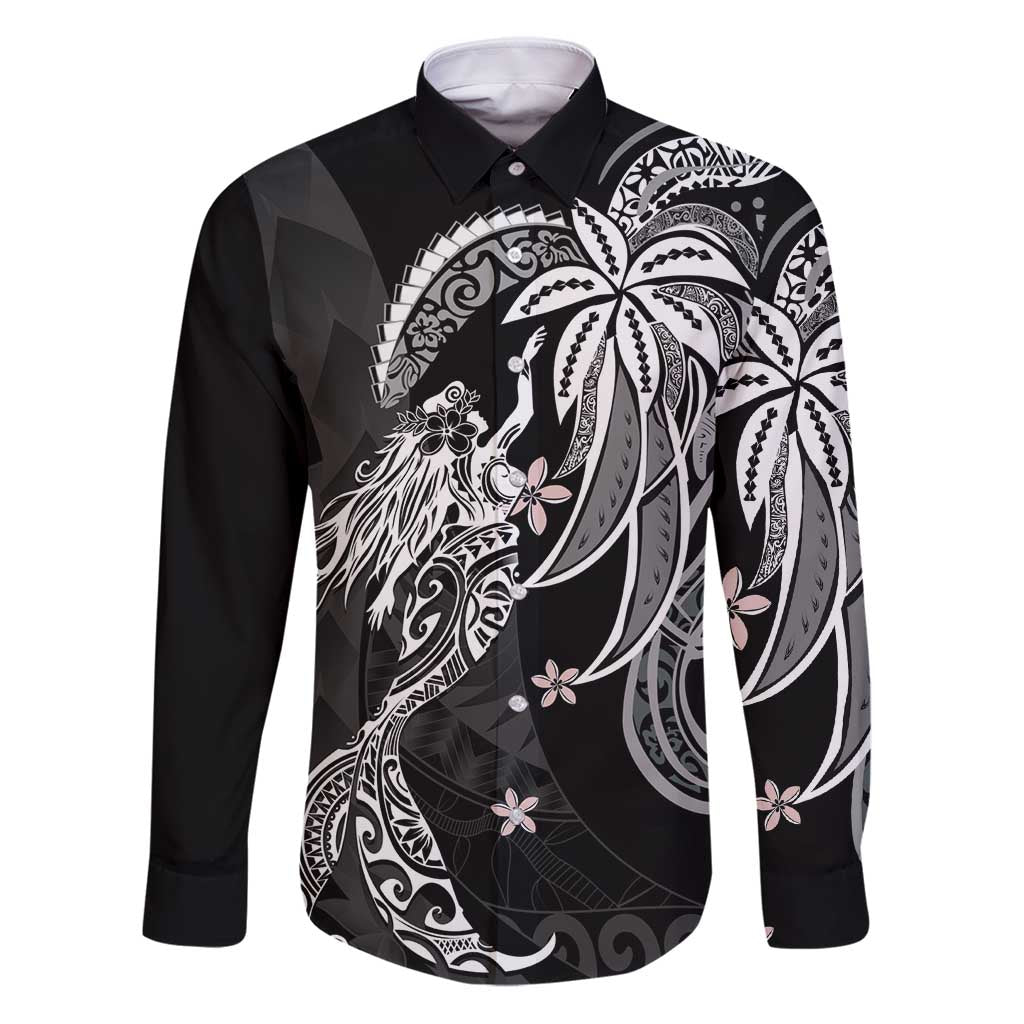 Polynesian Mermaid Plumeria Tribal Tattoo Family Matching Puletasi and Hawaiian Shirt LT01 Dad's Shirt - Long Sleeve Black - Polynesian Pride