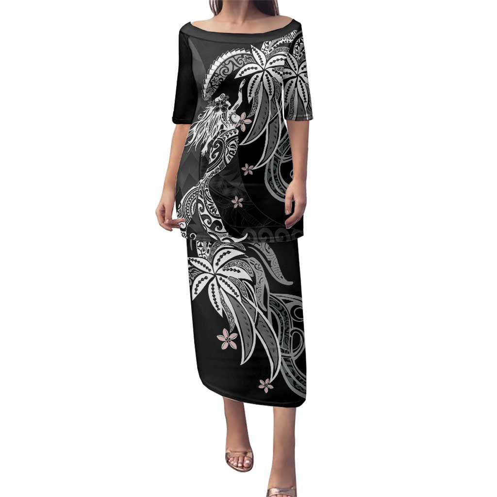 Polynesian Mermaid Plumeria Tribal Tattoo Family Matching Puletasi and Hawaiian Shirt LT01 Mom's Dress Black - Polynesian Pride