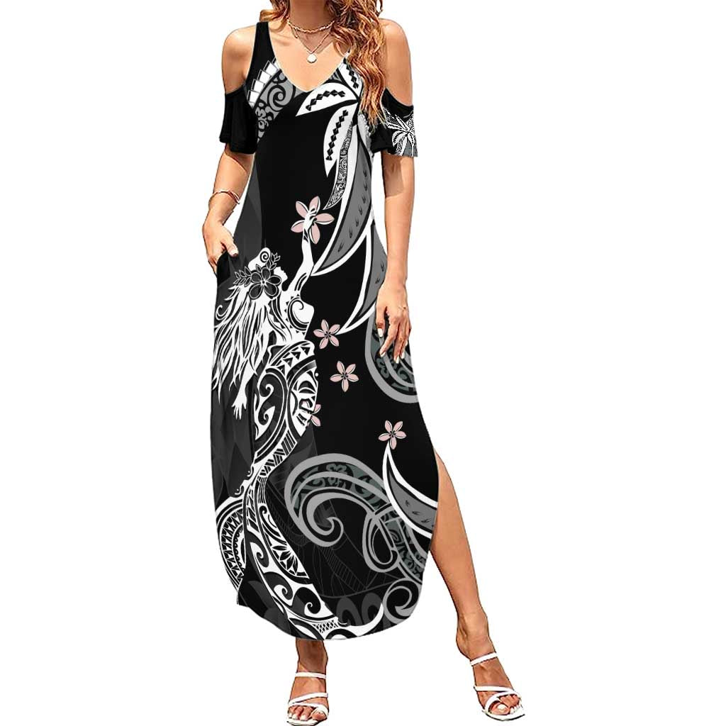 Polynesian Mermaid Plumeria Tribal Tattoo Family Matching Summer Maxi Dress and Hawaiian Shirt LT01 Mom's Dress Black - Polynesian Pride