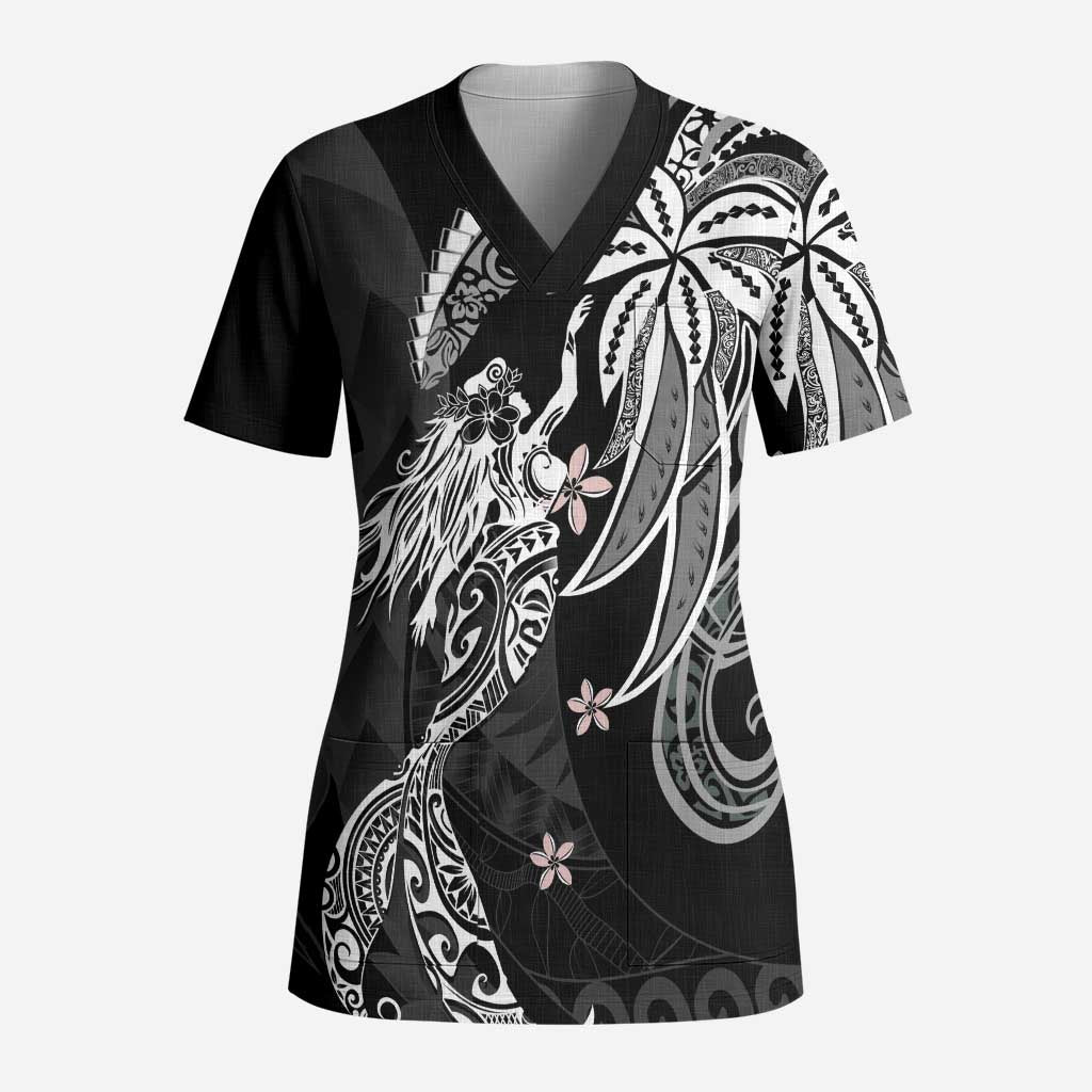 Polynesian Mermaid Plumeria Tribal Tattoo Scrub Top LT01 Adult Black - Polynesian Pride