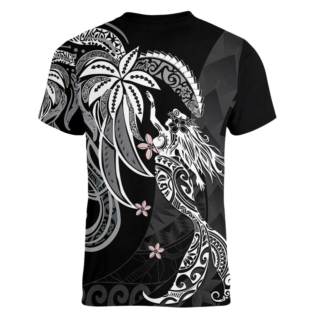 Polynesian Mermaid Plumeria Tribal Tattoo Women V-Neck T-Shirt