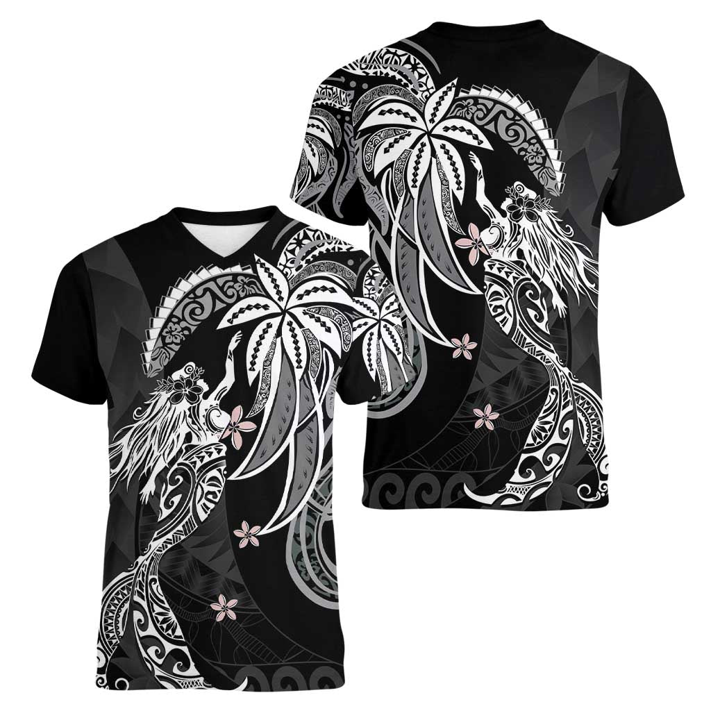 Polynesian Mermaid Plumeria Tribal Tattoo Women V-Neck T-Shirt