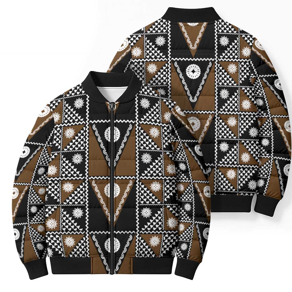 Fiji Brown Masi Pattern Bomber Puffer Jacket Fijian Tapa